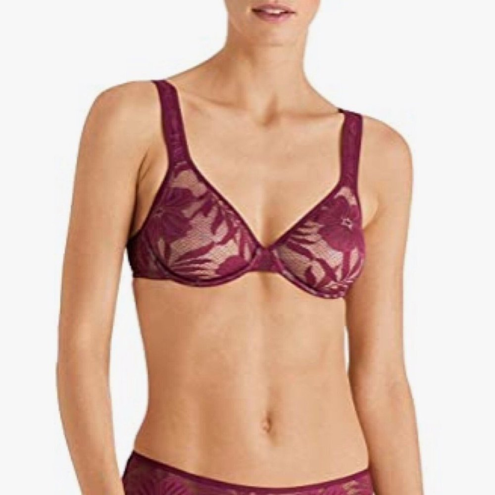 Hanro Bra Lace Illusion 32B Burgundy Lace Floral Wine 70 B Bohemian Pink Mesh
